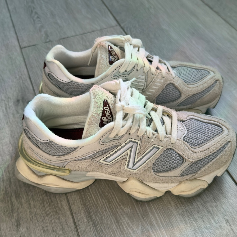 New Balance 9060 Cream and Gray Athletic shoe.